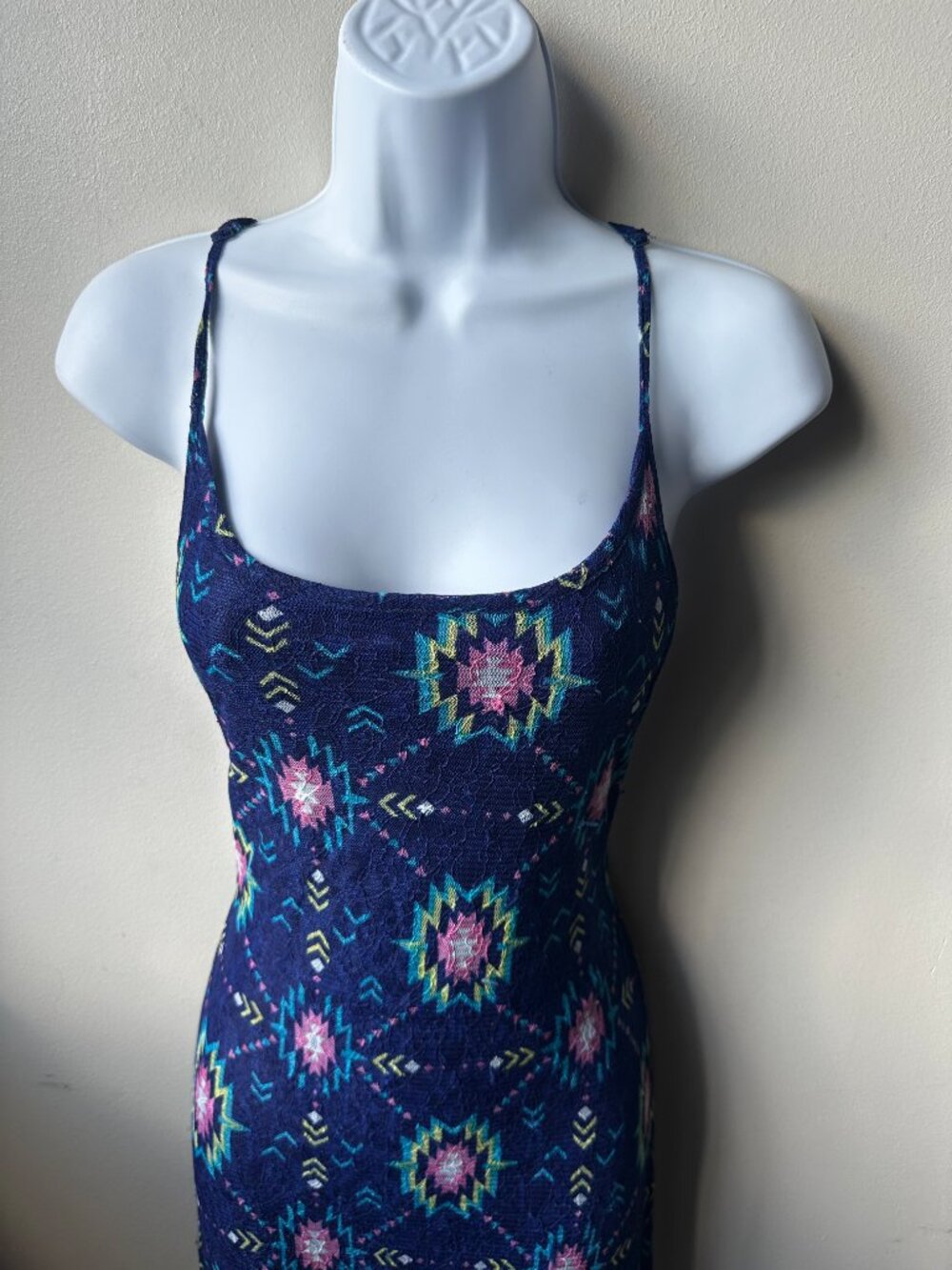 Love Fire Navy Aztec Lace Maxi Dress Strappy Back Sheer Slit Boho Juniors L